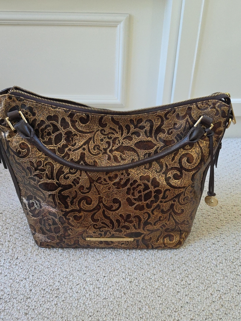 Brahmin Gold and Brown Embossed Floral Shoulder Bag
